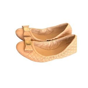 Cole Haan Quilted Leather Ballet Flats 9B Cream Slip on Bow Gold Hardware